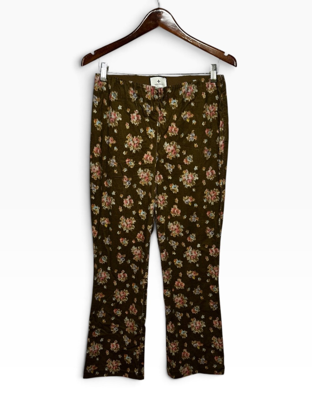 Tuckernuck Women's Size L Brown Floral Corduroy Crop Pants Stretch Side Zip
